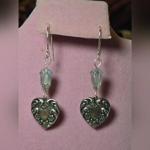 Handcrafted Silver Hearts & Czech Glass Flower Buds Long Dangle Pierced Earrings